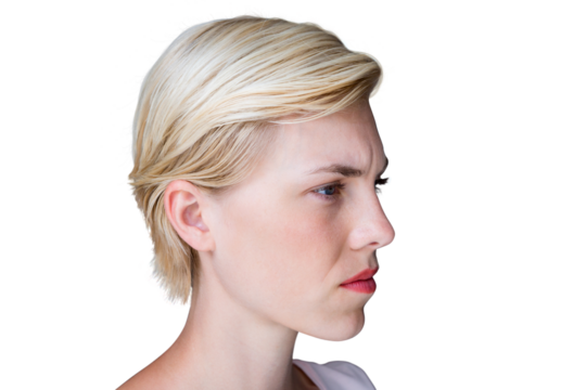 Close up of nervous blond woman - Powered by Adobe