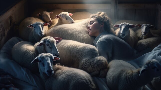 person sleeping in bed surrounded by a group of sheep. Created with Generative AI.