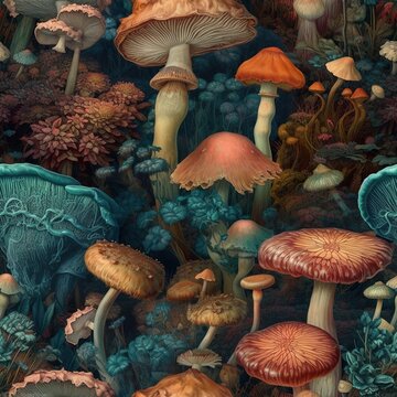 Seamless floral background with various mushroom types, vintage botany books style illustration on dark background, AI generative