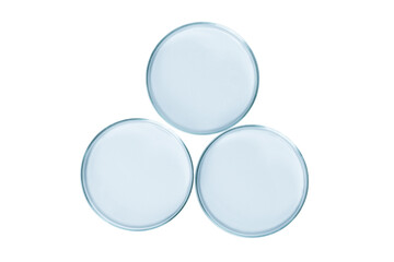 Three Petri dishes empty from blue glass isolated. PNG.
