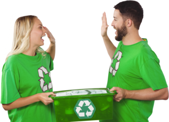 Smiling volunteer doing high five while holding container 