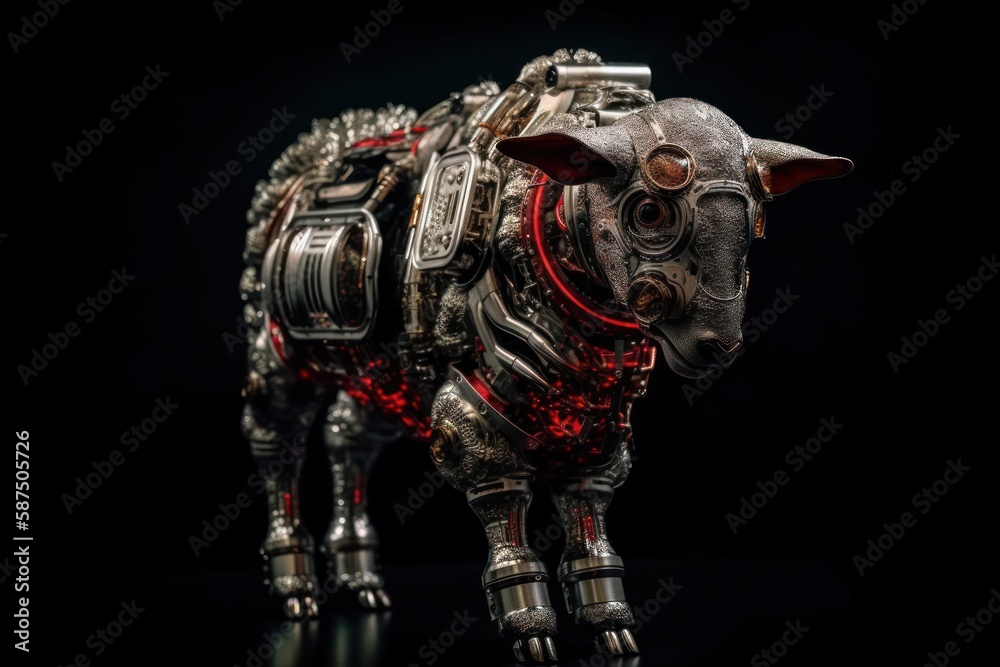 Wall mural red sheep robot on black background generative ai