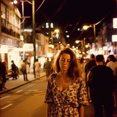 Drunk woman walking at night in a South American city street. Generative AI