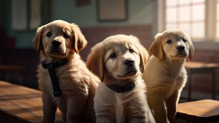 cute puppies in a classroom. Created with generative AI.
