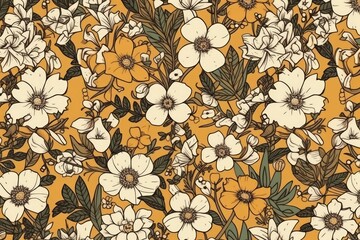 yellow floral pattern with white flowers and green leaves on a background. Generative AI