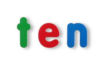 Ten word in coloured magnetic letters on white with clipping path