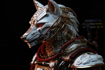 Red White Fox Cyber Robot On Black Background Generative AI