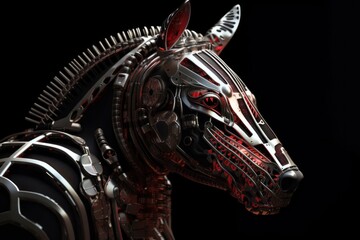 Red Zebra Cyber Robotic Creature On Black Background Generative AI
