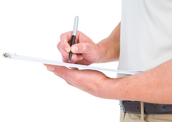 Delivery man writing on clipboard 