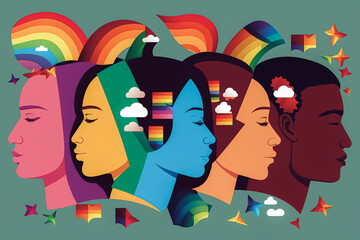 Conceptual Image of Diversity in Society, Diversity in Education or Educators Illustration. LGBT and LGBTQ rainbow in flat design. Fictional person and place. Made with Generative AI