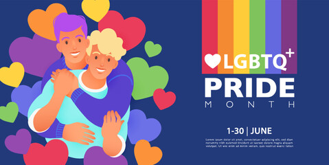 LGBTQ plus Friends celebrate PRIDE month supporting human rights and equality for LGBTQIA. Banner for festival, parades, party, and social event.