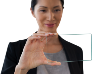 Smiling businesswoman looking at interface