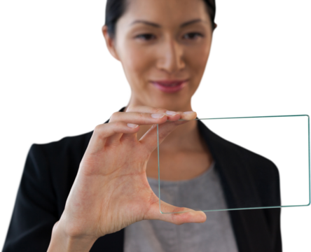 Smiling businesswoman looking at interface