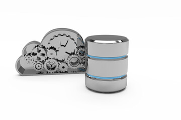 Database server icon with lock and mechanical cloud