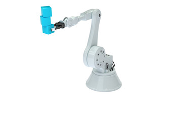 Robot hand holding stack of blue boxes 