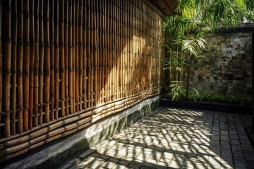 The roof casts a magnificent shadow over a Balinese bamboo fence and white brick wall. Generative AI