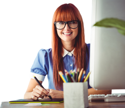 Attractive hipster woman using graphics tablet 