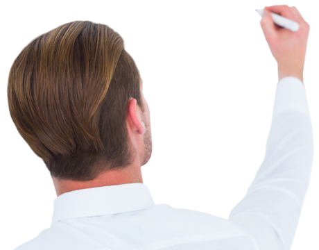 Rear view of businessman writing with marker - Powered by Adobe