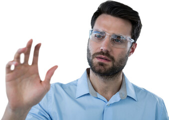 Male wearing protective eyewear pretending to touch invisible object