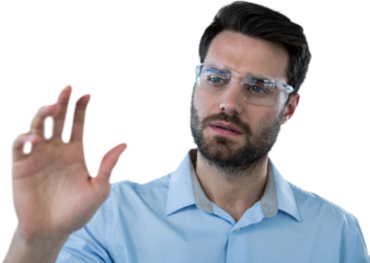 Male wearing protective eyewear pretending to touch invisible object