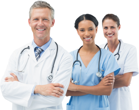 Male doctor with female staffs standing isolated on white background