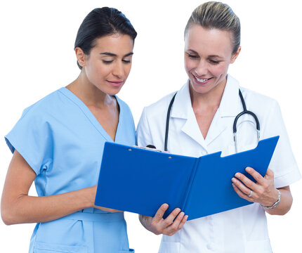 Smiling doctor and nurse with clipboard