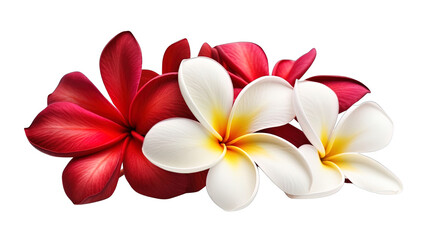 Fototapeta na wymiar Illustration of beautiful Plumeria tropical flower blossoms in red and white. Isolated. Created using Generative AI.