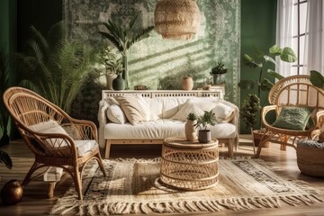 White and green bohemian living room with parquet and wallpaper. Sofa, jute carpet, rattan armchair. Boho interior design, plan, above,. Generative AI