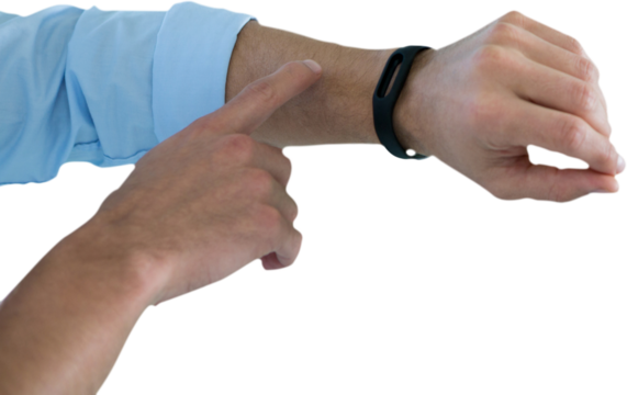 Cropped hands of man using fitness band