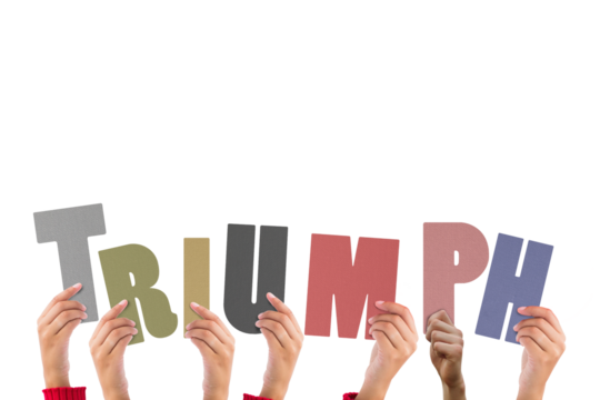 Cropped hands holding colorful alphabets forming triumph