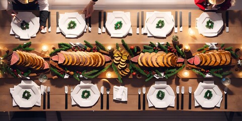 Fototapeta na wymiar Photo of a festive Christmas dinner table setting with plates and utensils