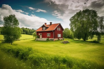 Fototapeta na wymiar Beautiful red house on a green field grass in Sweden. Generative AI