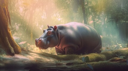 hippo in the forest watercolor style. Created with generative AI. - obrazy, fototapety, plakaty