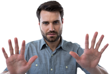 Man touching invisible screen