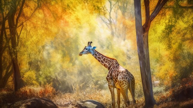 giraffe in the forest watercolor style. Created with generative AI.
