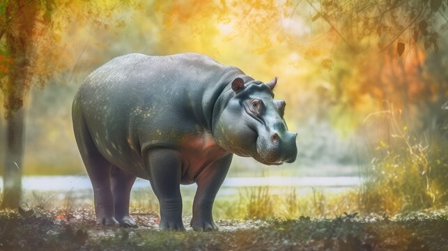 hippo in the forest watercolor style. Created with generative AI.
