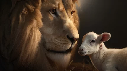 Fotobehang The Lion and the Lamb together. Created with generative AI. © lchumpitaz