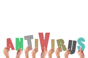Colorful alphabet spelling antivirus held up by people