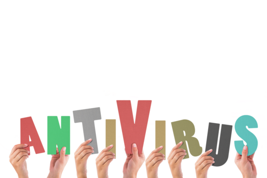 Colorful alphabet spelling antivirus held up by people  - Powered by Adobe