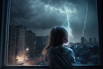 a girl watches a violent thunderstorm with lightning from the window. Generative AI