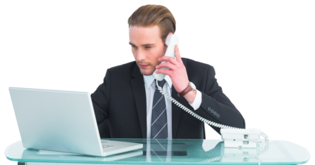 Serious businessman using laptop while phoning