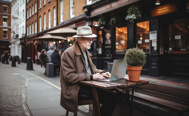 Obraz premium Older man using a laptop in the middle of London. Student or freelancer lifestyle. High quality generative ai
