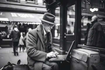 Fototapeta premium Older man using a laptop in the middle of London. Student or freelancer lifestyle. High quality generative ai