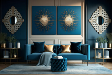 A luxurious living room with a comfortable sofa and blue wall. Generative AI interior design