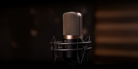 Studio Podcast Microphone on Dark Brown Background. Generative AI