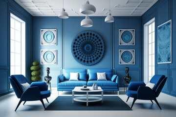 A luxurious living room with a comfortable sofa and blue wall. Generative AI interior