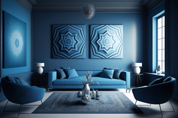 A luxurious living room with a comfortable sofa and blue wall. Generative AI interior design