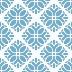 Geometrical lotus seamless pattern. Blue and white ornamental allover print. Stripes and abstract flowers
