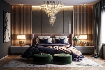Luxurious bedroom features stylish furniture. Generative AI illustration