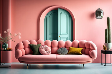 Pink modern living room exudes wealth and elegance, featuring stylish furniture and exquisite interior design. Generative AI illustration